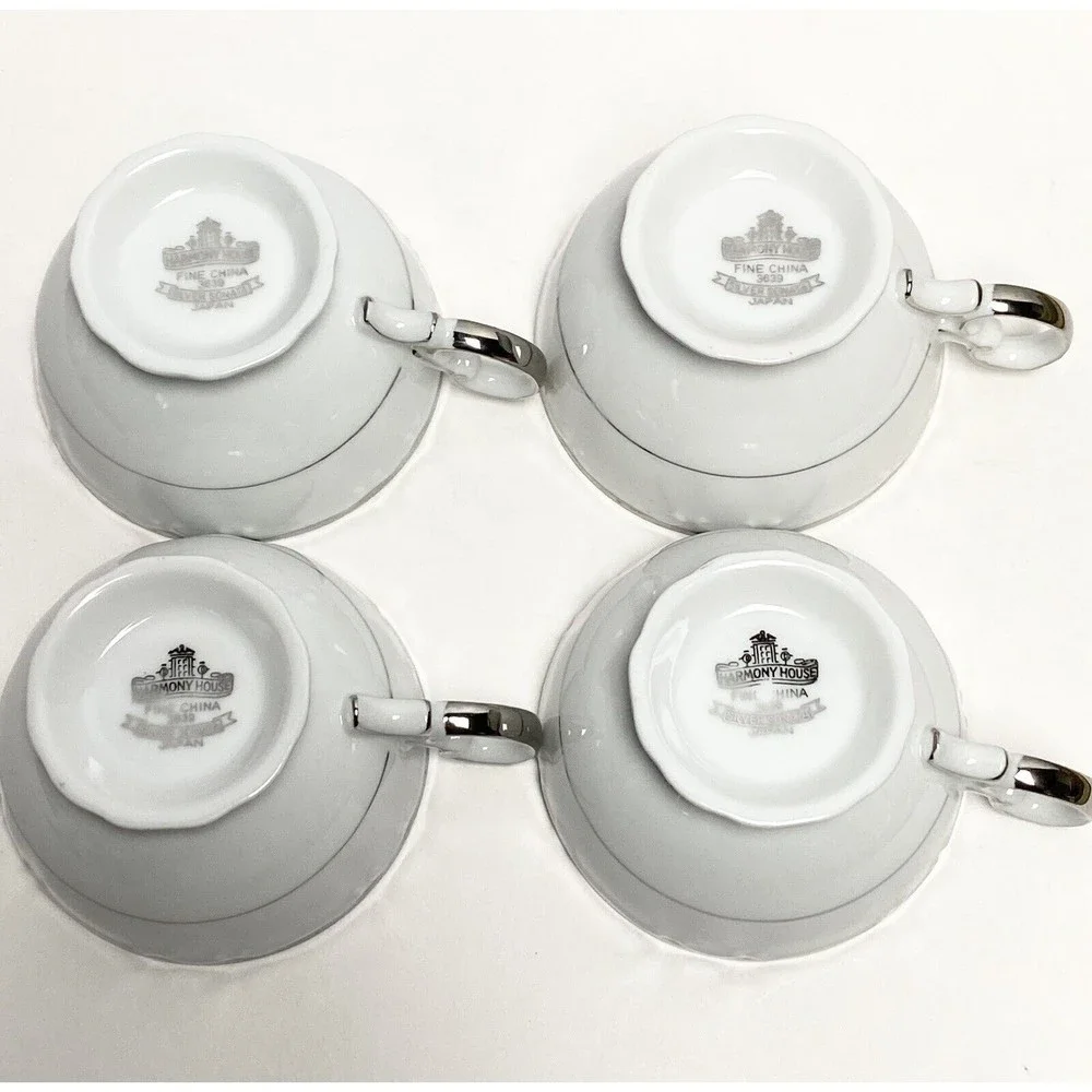 4‎ Vintage Fine China Harmony House Silver Sonata Tea Cups Mug 3639 Cups Only